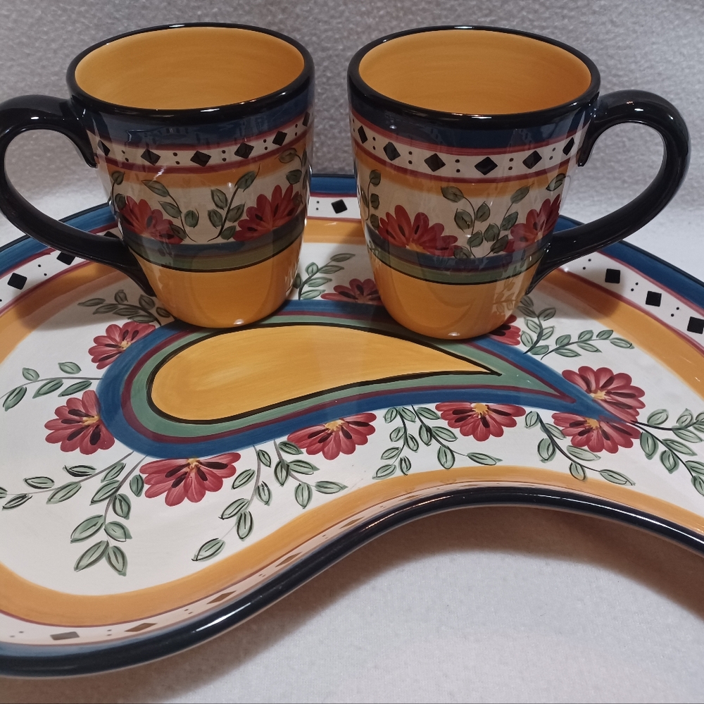 Paisley Shaped Platter w/ 2 Coffee Mugs Plus One Bowl - Picture 3 of 14